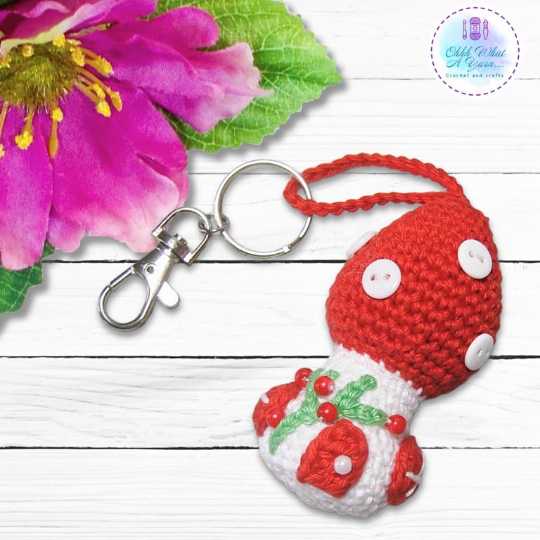 Crochet red toadstool, mushroom fairy house decoration, bag charm 