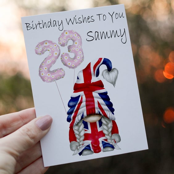 Union Jack Gnome Age Birthday Card, Card for 23rd Birthday, United Kingdom Flag 