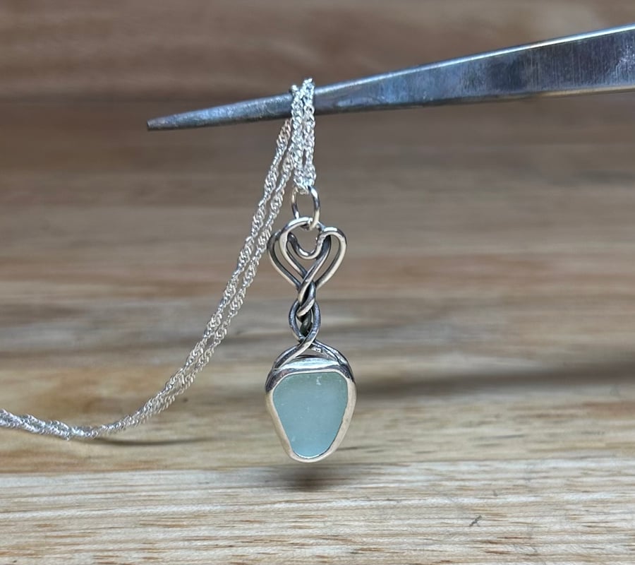 Handmade Sterling Silver Love Spoon Inspired Necklace with Aqua Welsh Sea Glass 