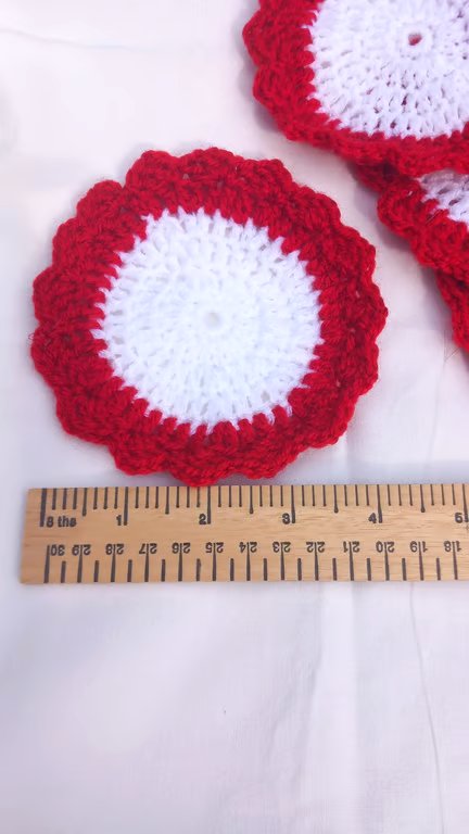 coasters, hand crocheted,  set of 4, red and white,  4 inches diameter