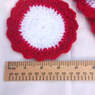 coasters, hand crocheted,  set of 4, red and white,  4 inches diameter