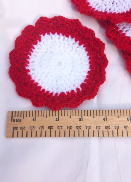 coasters, hand crocheted,  set of 4, red and white,  4 inches diameter