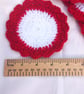 coasters, hand crocheted,  set of 4, red and white,  4 inches diameter