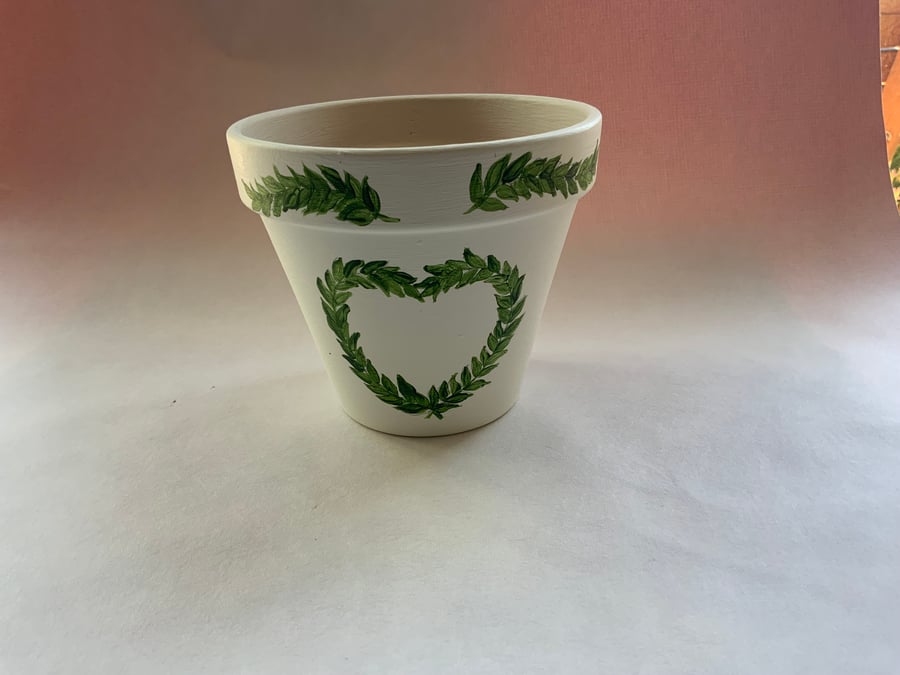 Customisable Hand Painted Plant Pot - Ivory base with decorative foliage heart