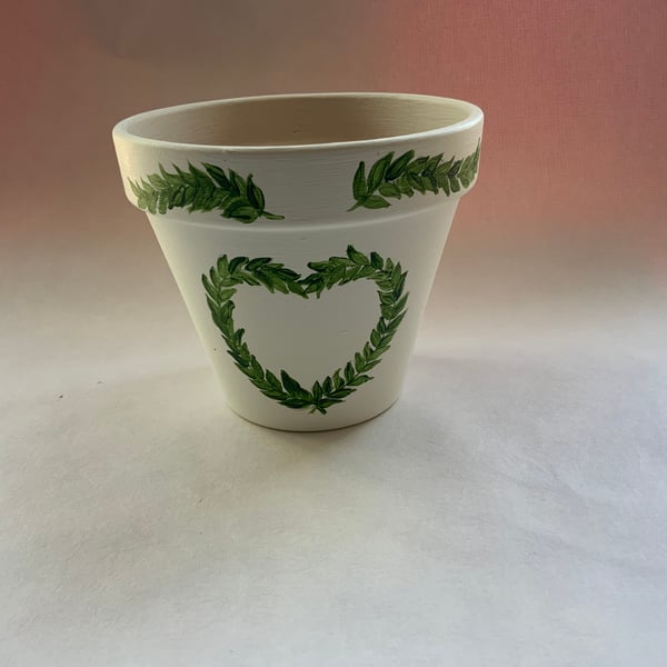 Customisable Hand Painted Plant Pot - Ivory base with decorative foliage heart