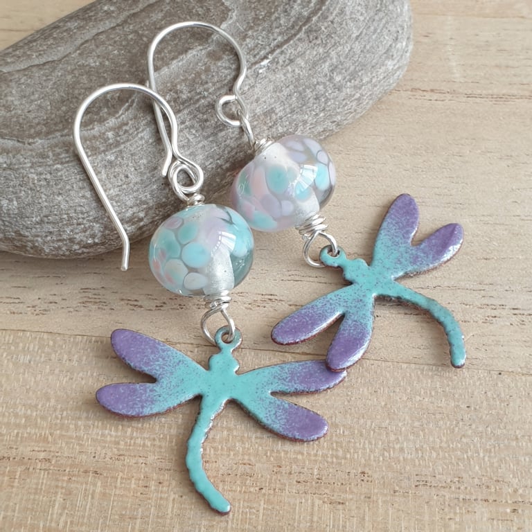 Enamel dragonfly earrings, Lilac and aqua, Insect jewellery