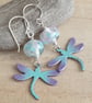 Enamel dragonfly earrings, Lilac and aqua, Insect jewellery