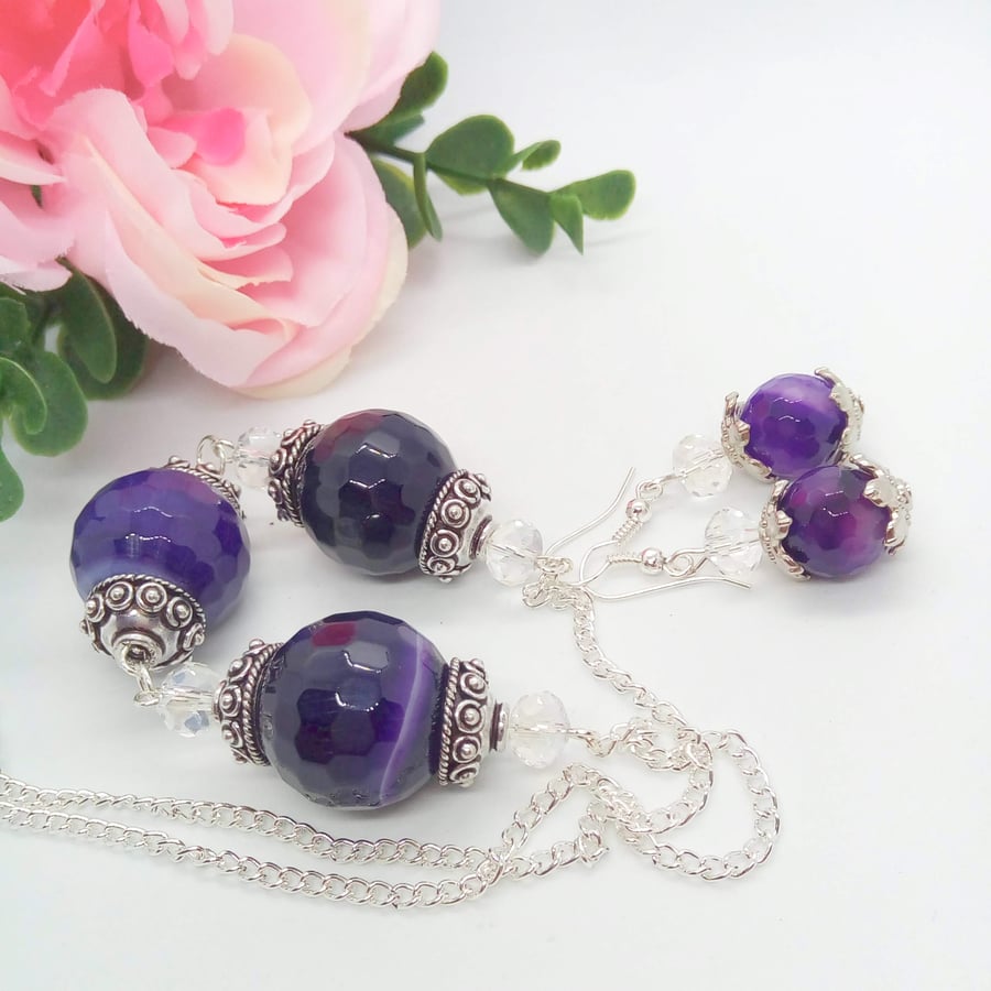 Large Purple Agate Bead and Clear Crystal with Bead Caps Jewellery Set, Gift Set