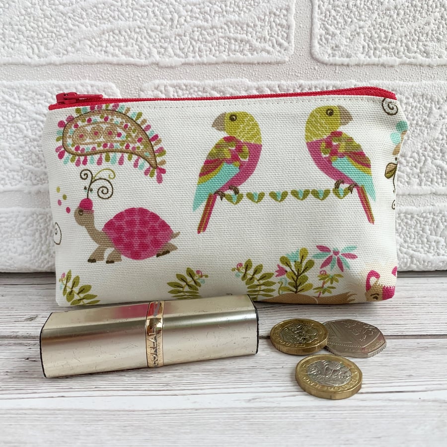 Large purse, coin purse with tropical parrots and tortoise