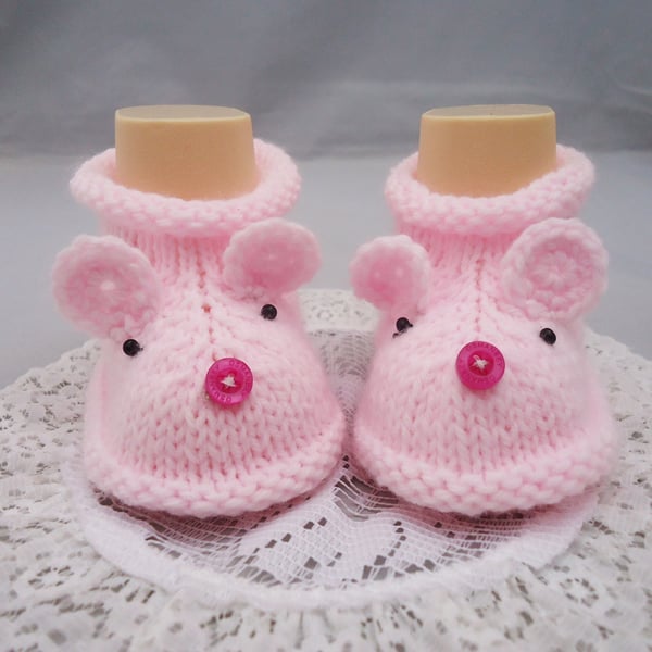 Mouse Booties, Cute Mouse Booties in Pink, Hand Knit Baby Booties