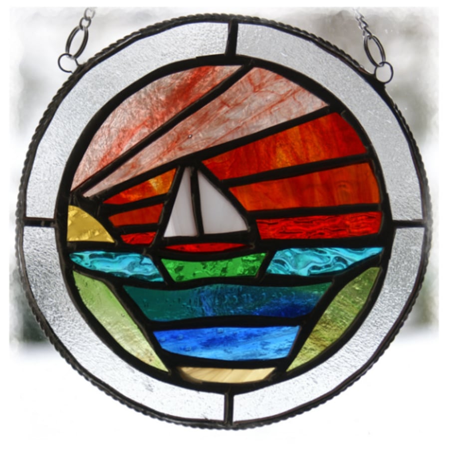 Sunset Sea Suncatcher Stained Glass Ring Sailing Boat