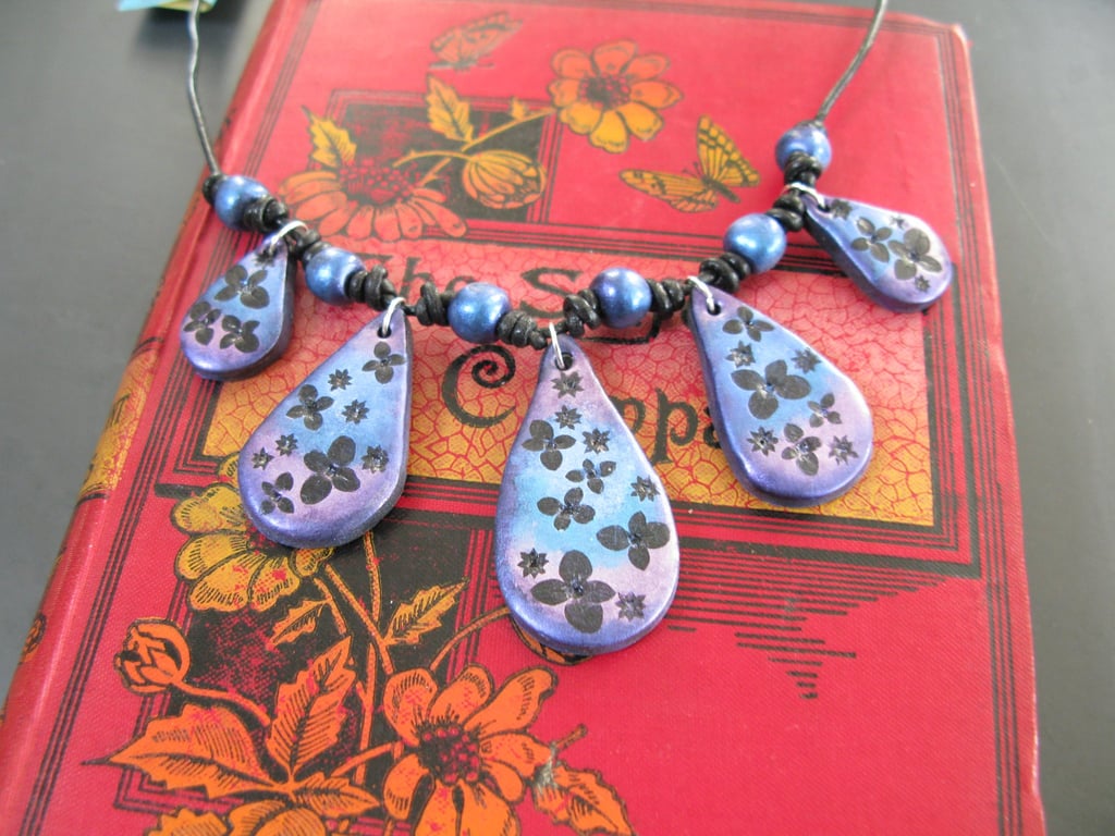 Metallic Blue & Purple 5-Teardrop Statement Necklace on Adjustable Leather Cord
