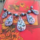 Metallic Blue & Purple 5-Teardrop Statement Necklace on Adjustable Leather Cord