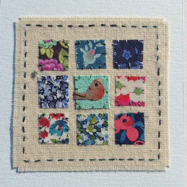 Little Robin Patchwork, sweet little hand-stitched card with Liberty Cottons