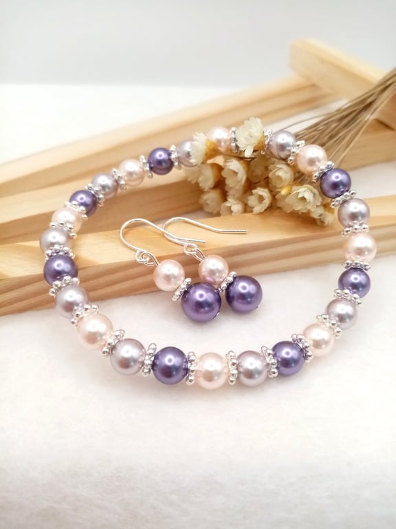 Purple & Pink Glass Pearl Jewellery Set - Special Occasion Gift Boxed