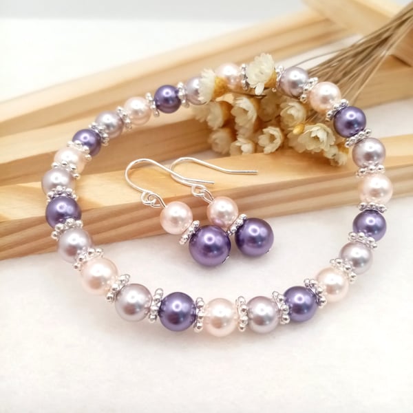 Purple & Pink Glass Pearl Jewellery Set - Special Occasion Gift Boxed