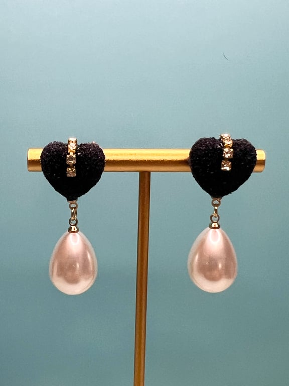 Handmade Black Velvet-like Heart Earrings with Pearl Drops & Rhinestone Accents