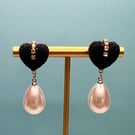 Handmade Black Velvet-like Heart Earrings with Pearl Drops & Rhinestone Accents