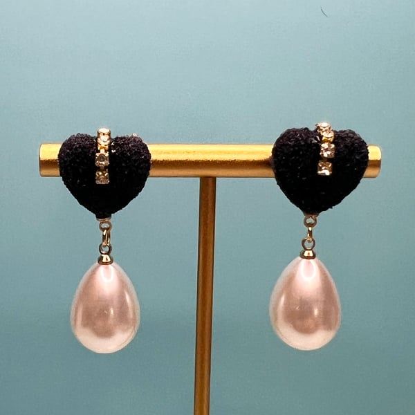 Handmade Black Velvet-like Heart Earrings with Pearl Drops & Rhinestone Accents
