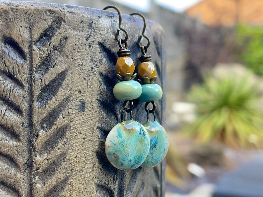 Rustic Yellow & Green Ceramic Dangle Earrings. Artisan Crafted Pottery Jewellery