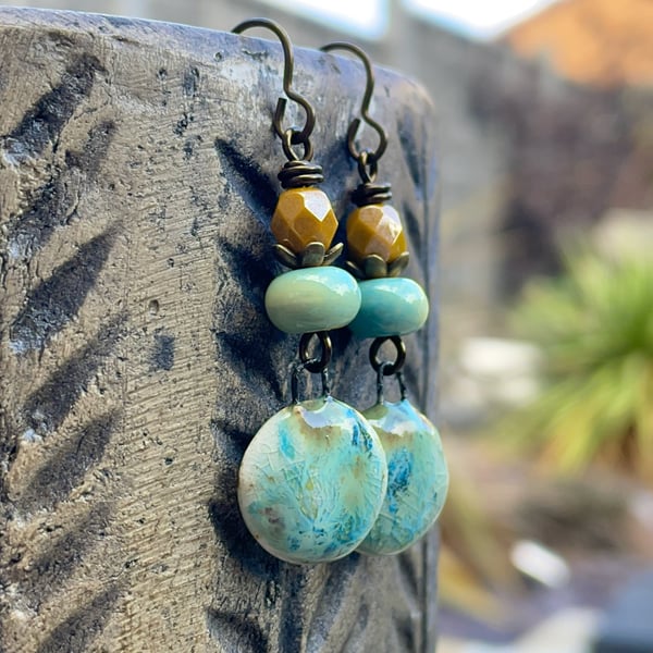 Rustic Yellow & Green Ceramic Dangle Earrings. Artisan Crafted Pottery Jewellery