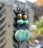 Rustic Yellow & Green Ceramic Dangle Earrings. Artisan Crafted Pottery Jewellery - Image 1