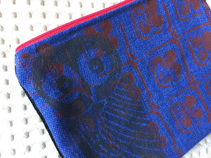 Electric Blue Owl & Red Linocut & Screen Printed Zipper Pouch