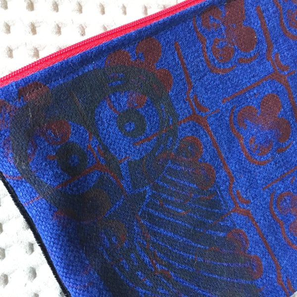 Electric Blue Owl & Red Linocut & Screen Printed Zipper Pouch