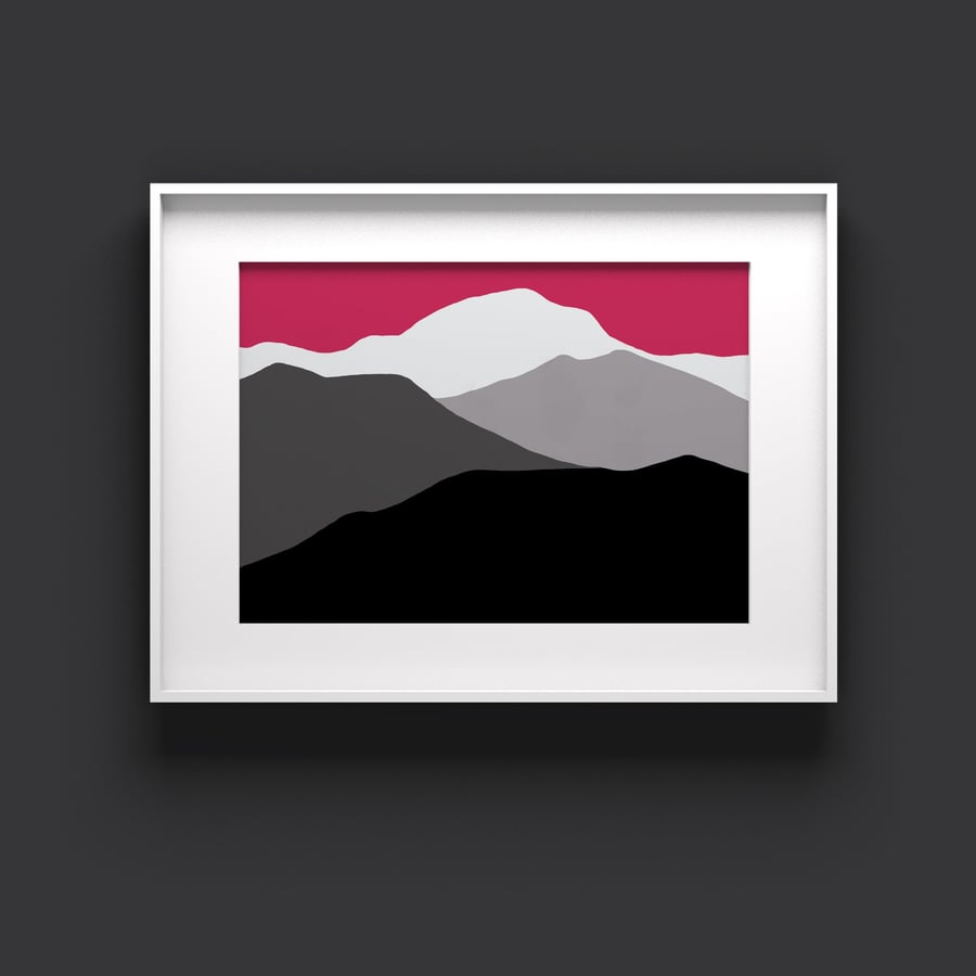 Bright pink wall art for bedroom, mountain house art, bright coloured art print 