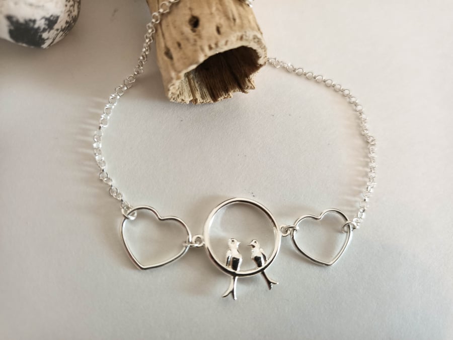 Sterling Silver Circle of Love Birds and Hearts Bracelet.