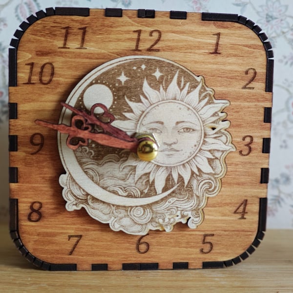 Wooden sun and moon clock