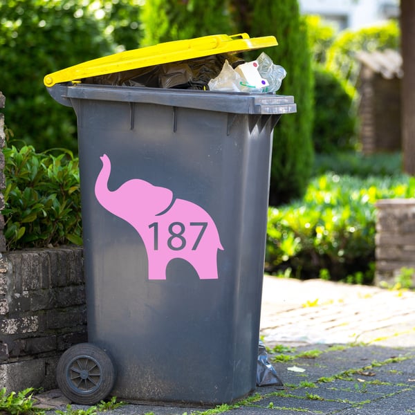 Elephant Wheelie Bin Sticker Personalised House Number Dustbin Wheely Bin