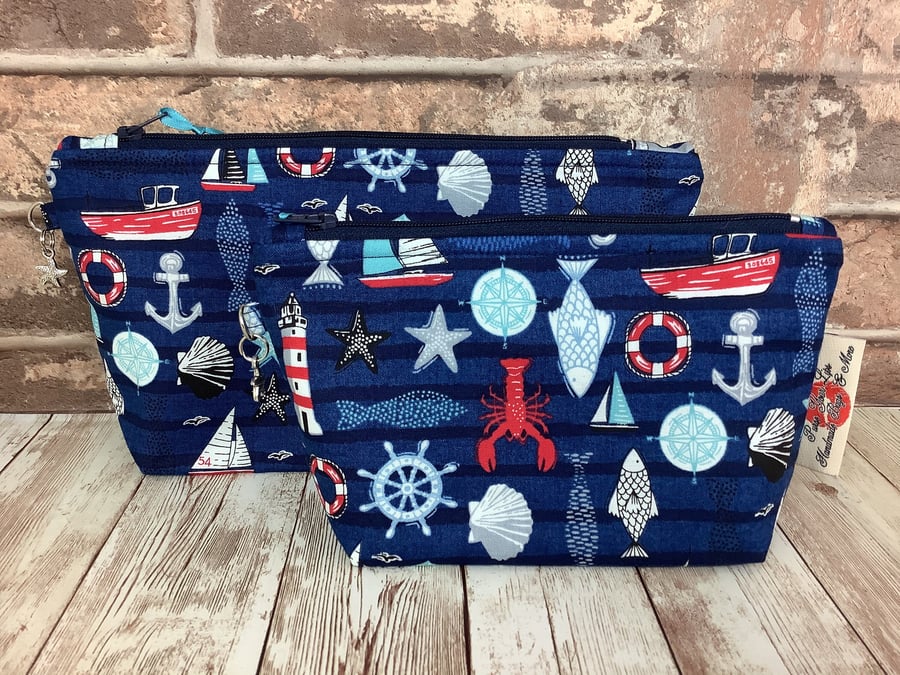 Nautical Seaside Zip case, Makeup bag, Handmade, 2 size options