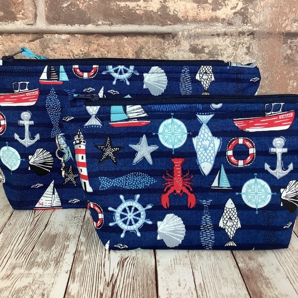 Nautical Seaside Zip case, Makeup bag, Handmade, 2 size options
