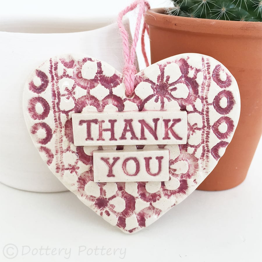 Pink Ceramic heart floral decoration Thank You Teacher Gift Pottery heart