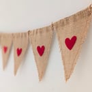 Hessian bunting with red felt hearts: rustic burlap banner