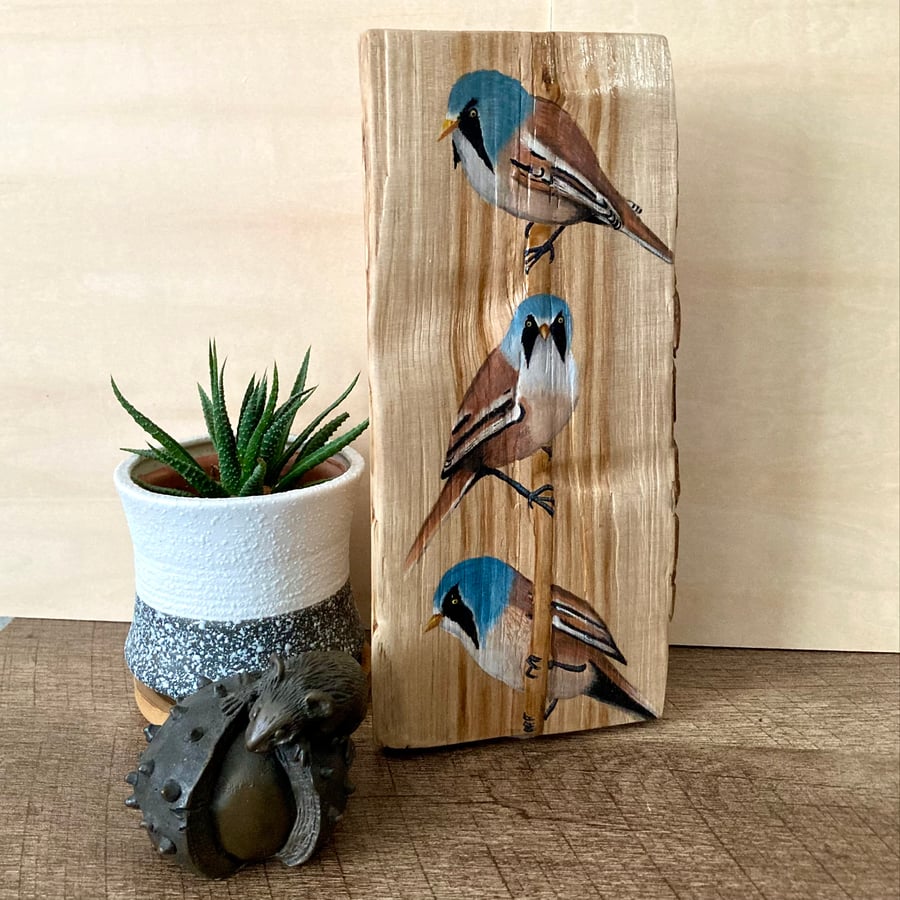 Handpainted Bearded Reedlings on Wooden Stump