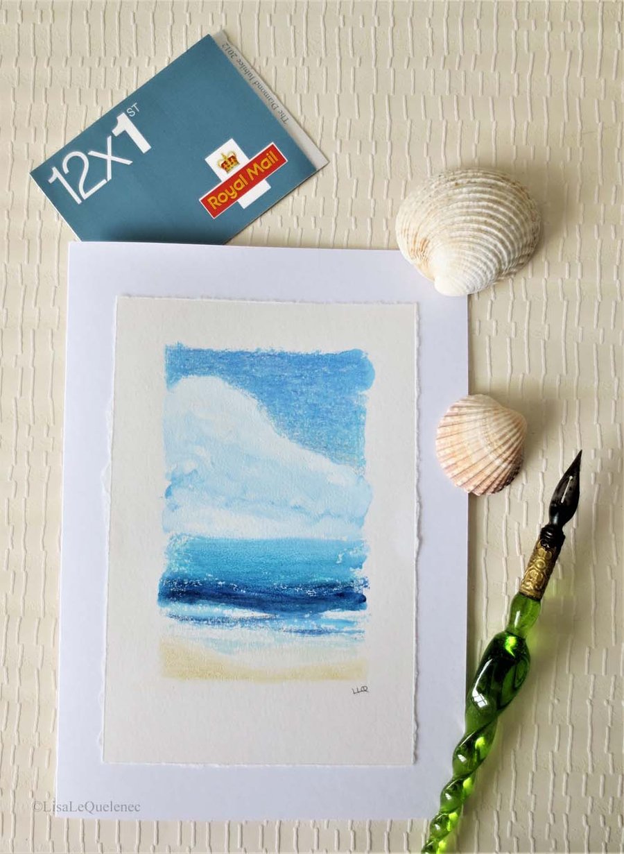 Original mixed media art card coastal view seascape summer beach