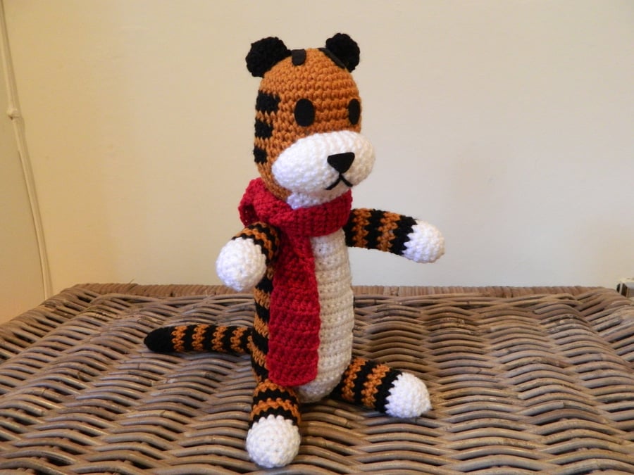 Large Harold the tiger friend with scarf, crochet plush stuffed toy Hobbes