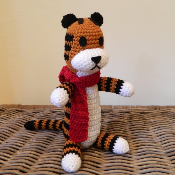 Large Harold the tiger friend with scarf, crochet plush stuffed toy Hobbes