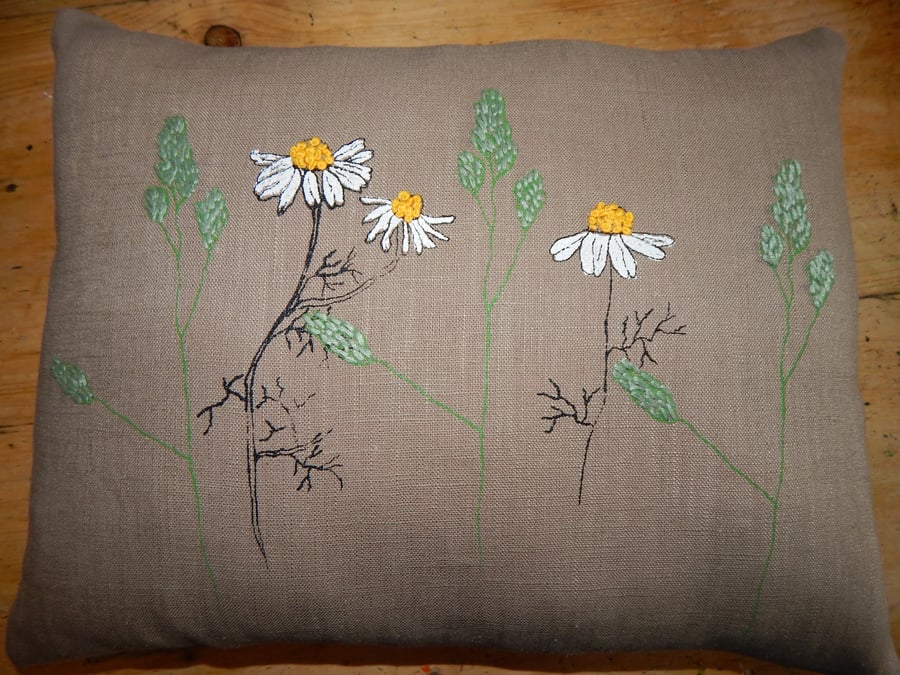 Stone colour linen with daisies -  screen printed small cushion. 33cm x 26cm