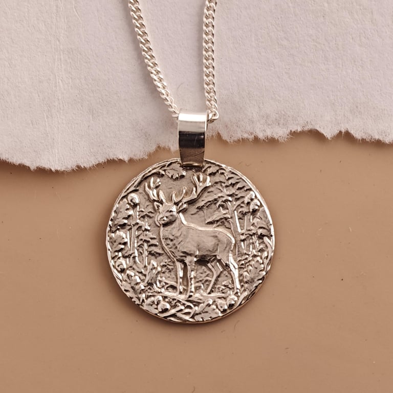 Stag Engraved Sterling Silver Coin Necklace