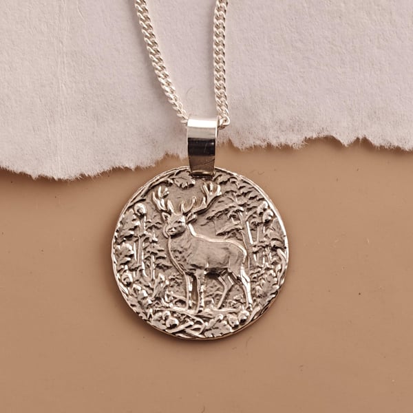 Stag Engraved Sterling Silver Coin Necklace