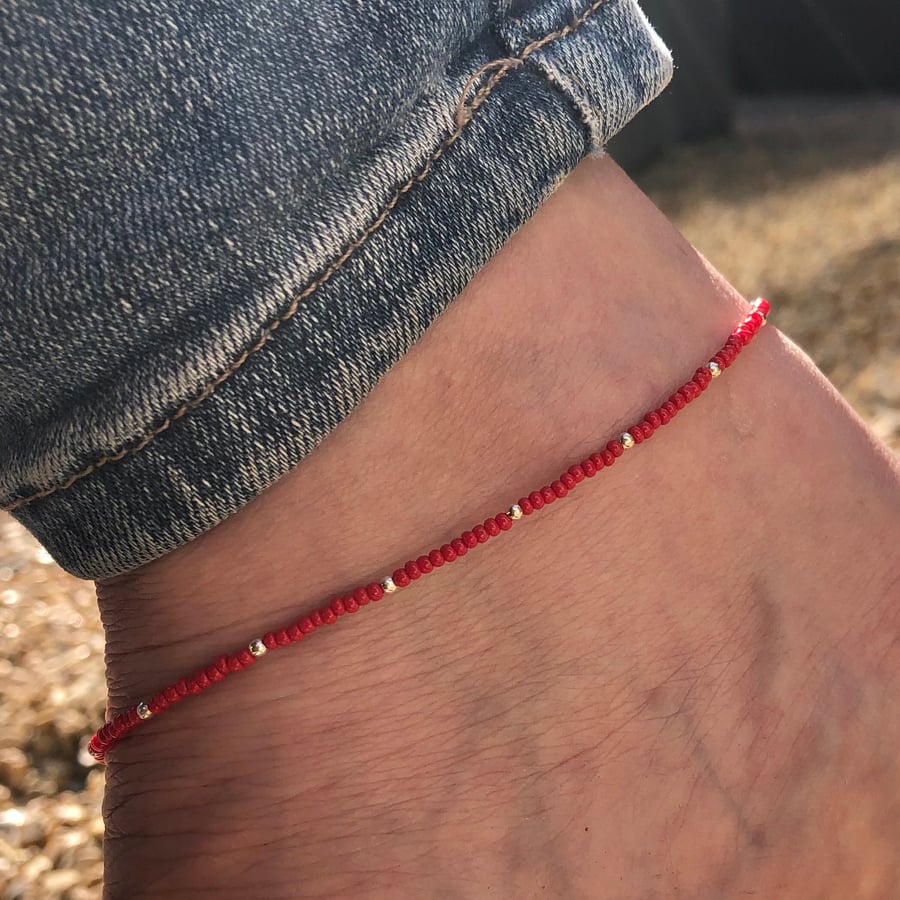 Red seed bead & sterling silver anklet 