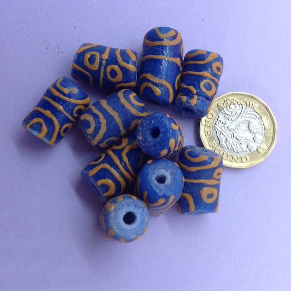 10 blue and yellow African tube beads of recycled glass approx 1.75 - 2cm long