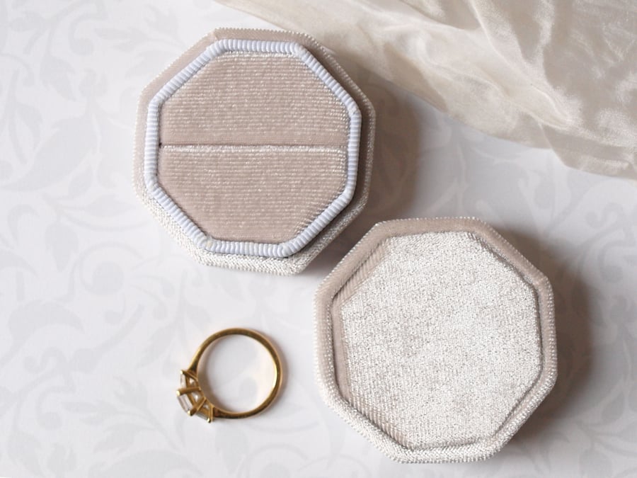 Oyster Grey Velvet Octagonal Ring Box for a Very Special Ring