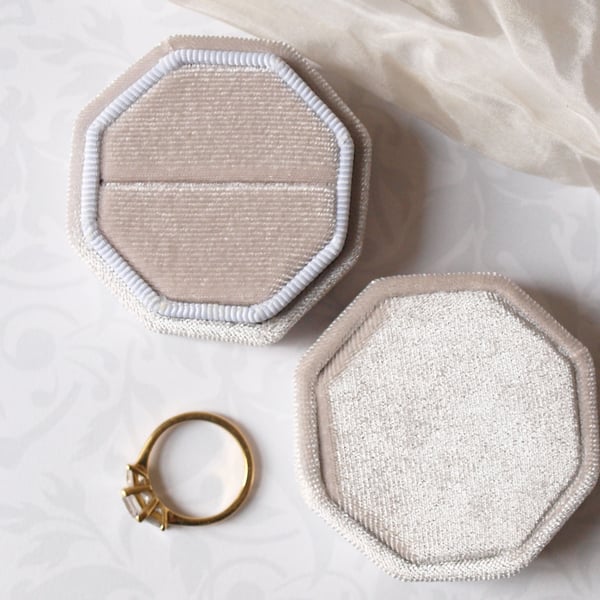 Oyster Grey Velvet Octagonal Ring Box for a Very Special Ring