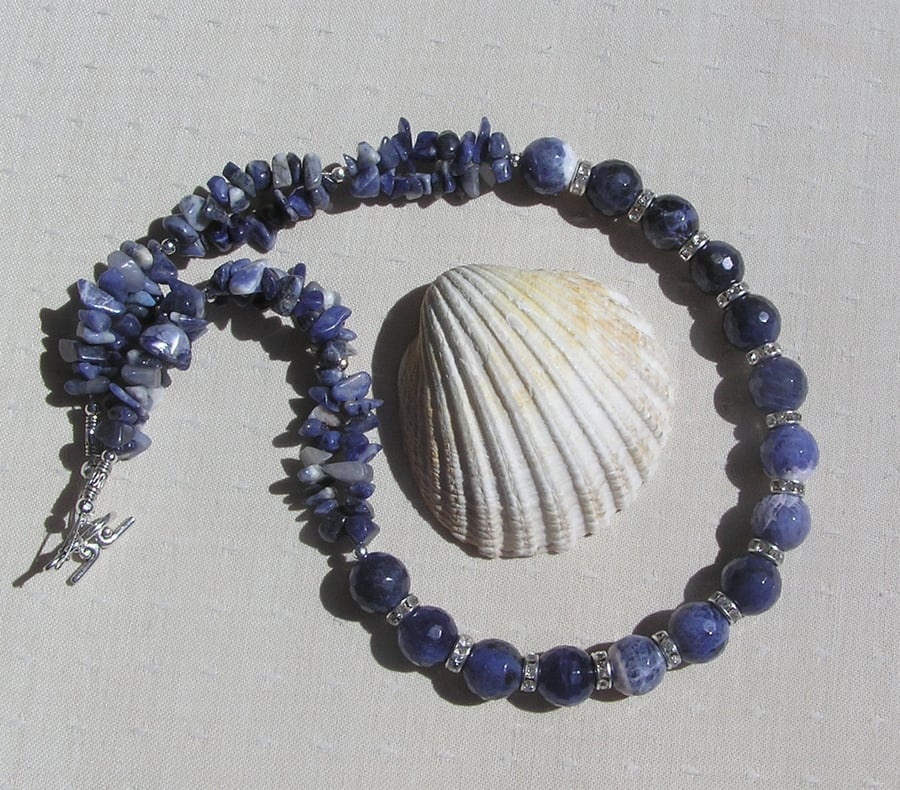 Blue Sodalite Crystal Gemstone Chunky Statement Beaded Necklace "Harebell"