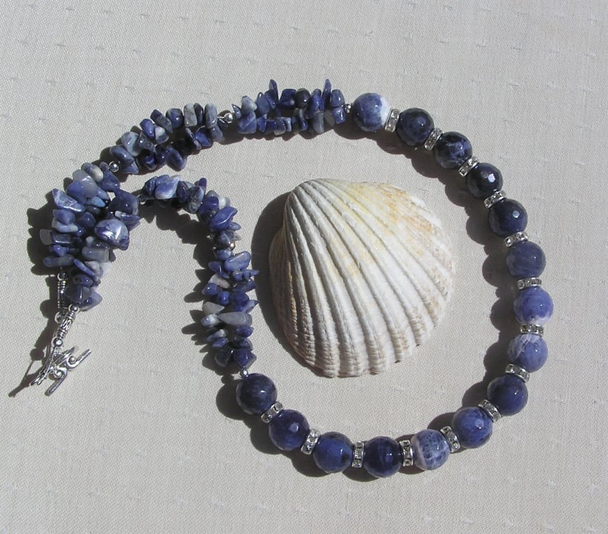 Blue Sodalite Crystal Gemstone Chunky Statement Beaded Necklace "Harebell"