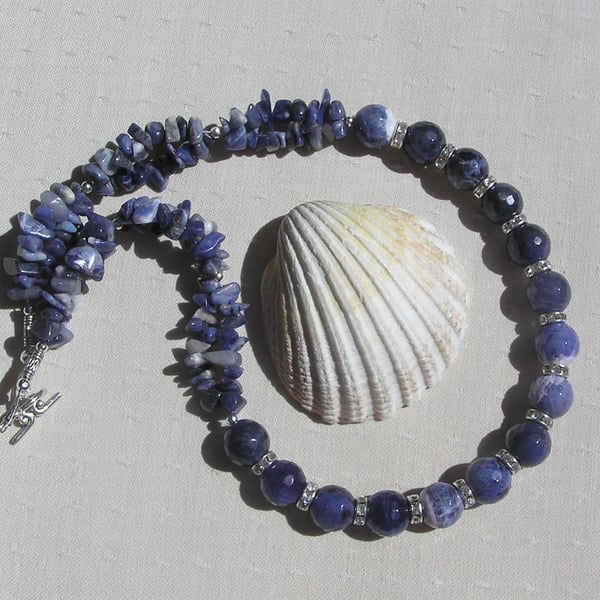 Blue Sodalite Crystal Gemstone Chunky Statement Beaded Necklace "Harebell"